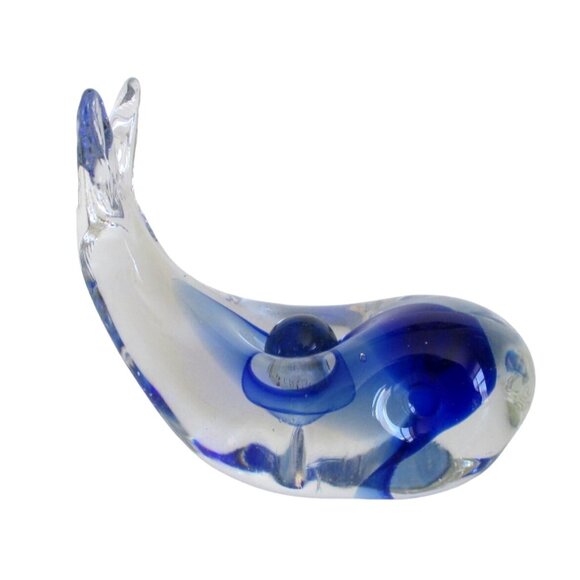 Glass Whale Figurine - Cobalt Blue & Clear Art Glass - Vintage Collectible - Picture 2 of 5